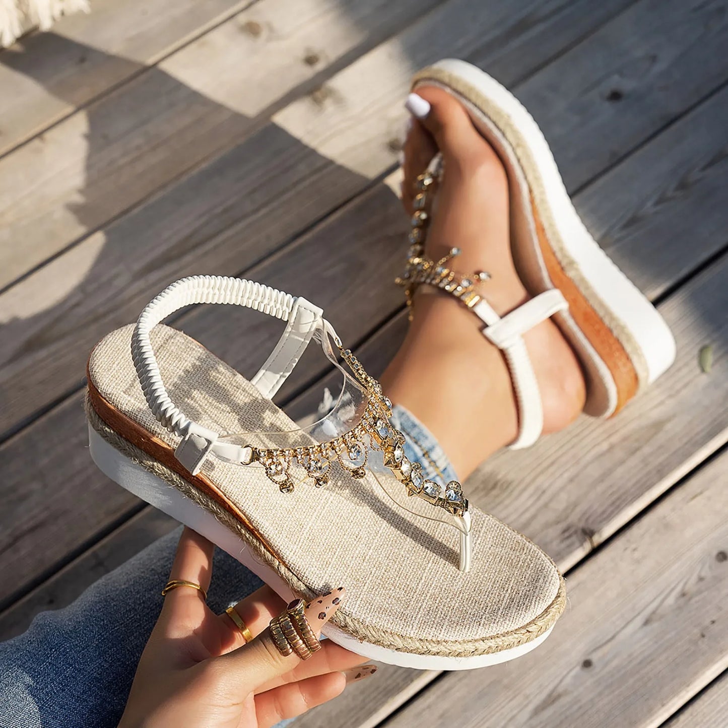 Rhinestone Wedge Heel Sandals