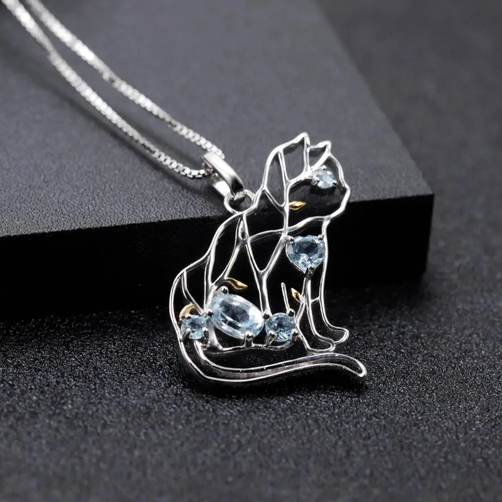 Cat Shape Sky Blue Topaz Necklace