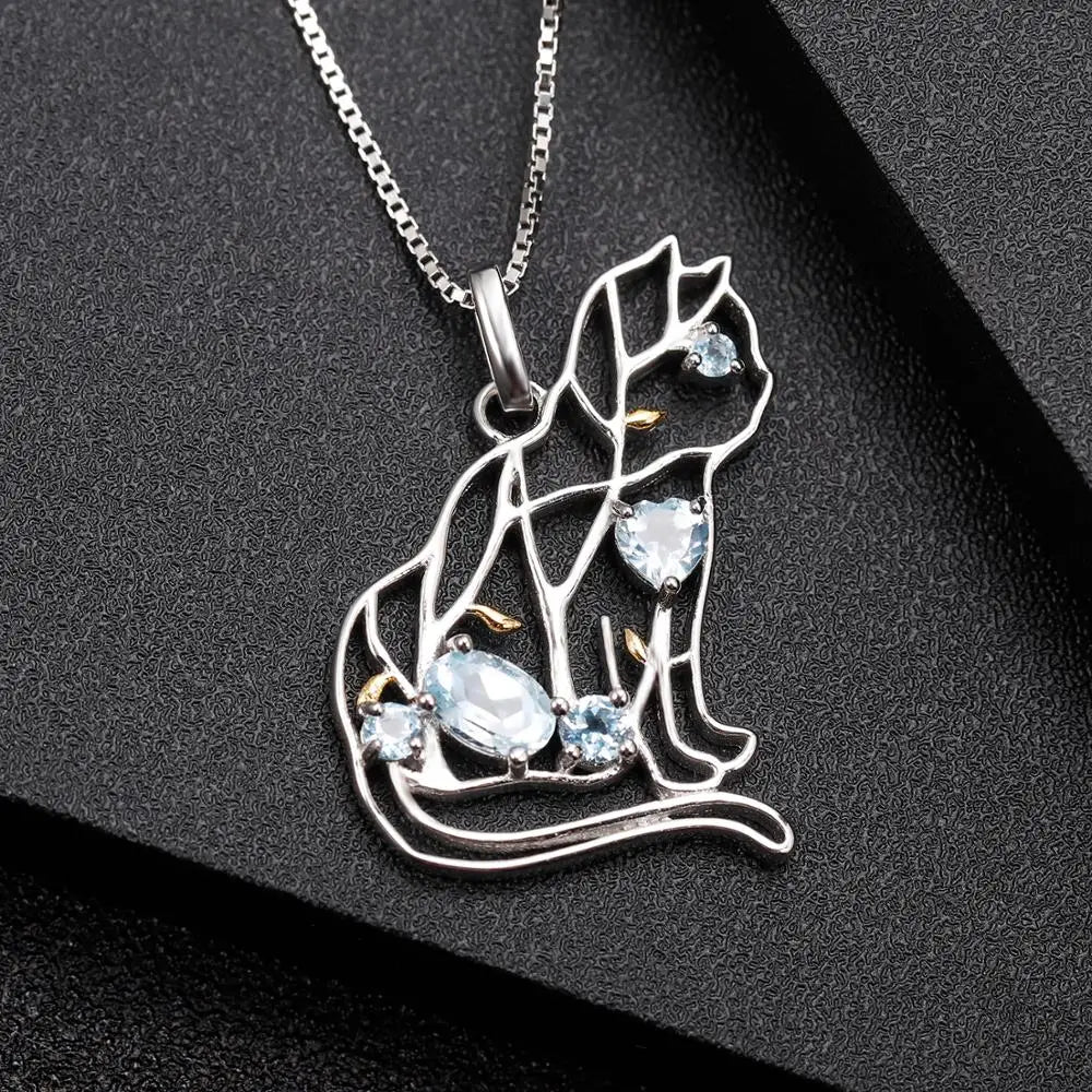 Cat Shape Sky Blue Topaz Necklace