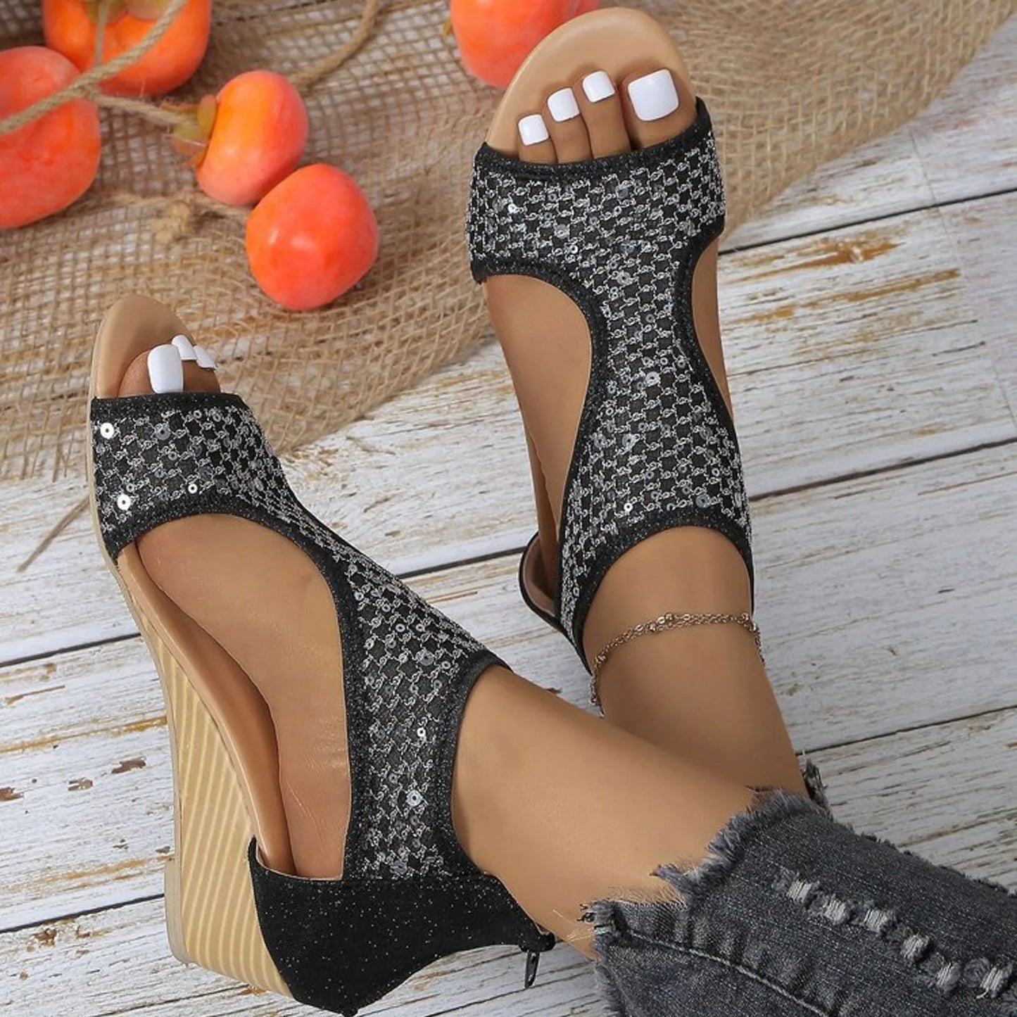 Sequins Mesh Peep Toe Platform Sandals