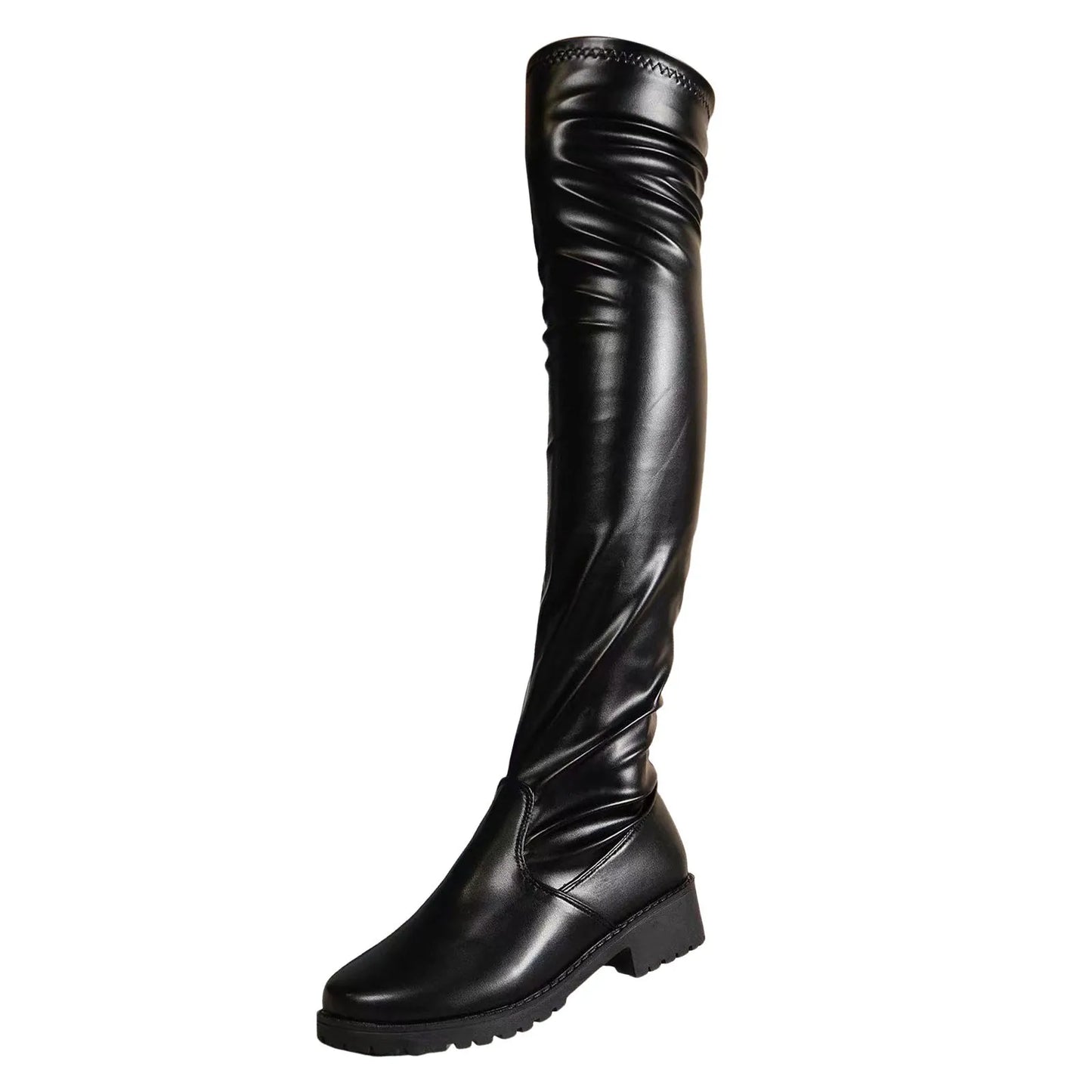 Leather Thigh High Flat Boots