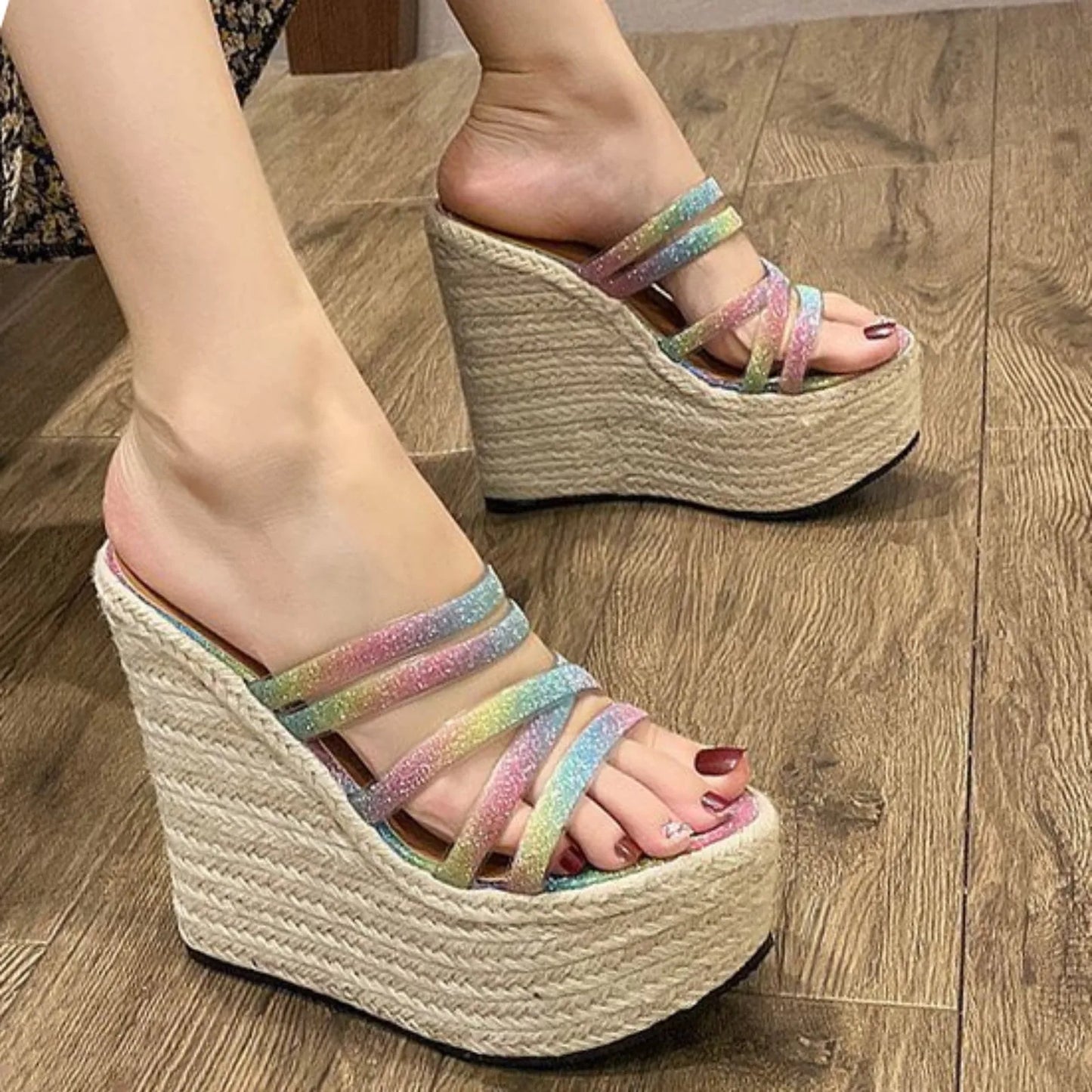 High Wedge Heel Multi Strap Sandals