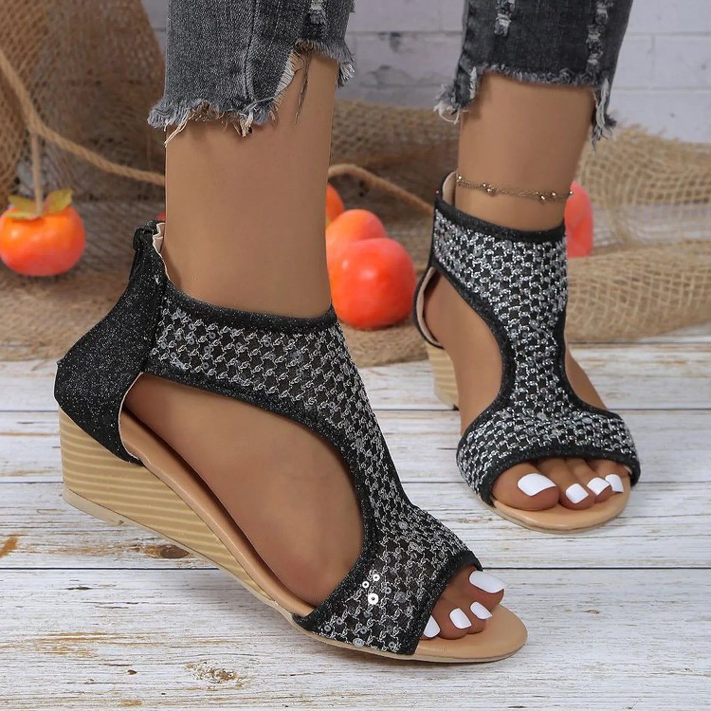 Sequins Mesh Peep Toe Platform Sandals