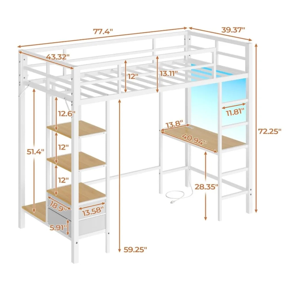 Loft Twin Size Bed with Led Lights,