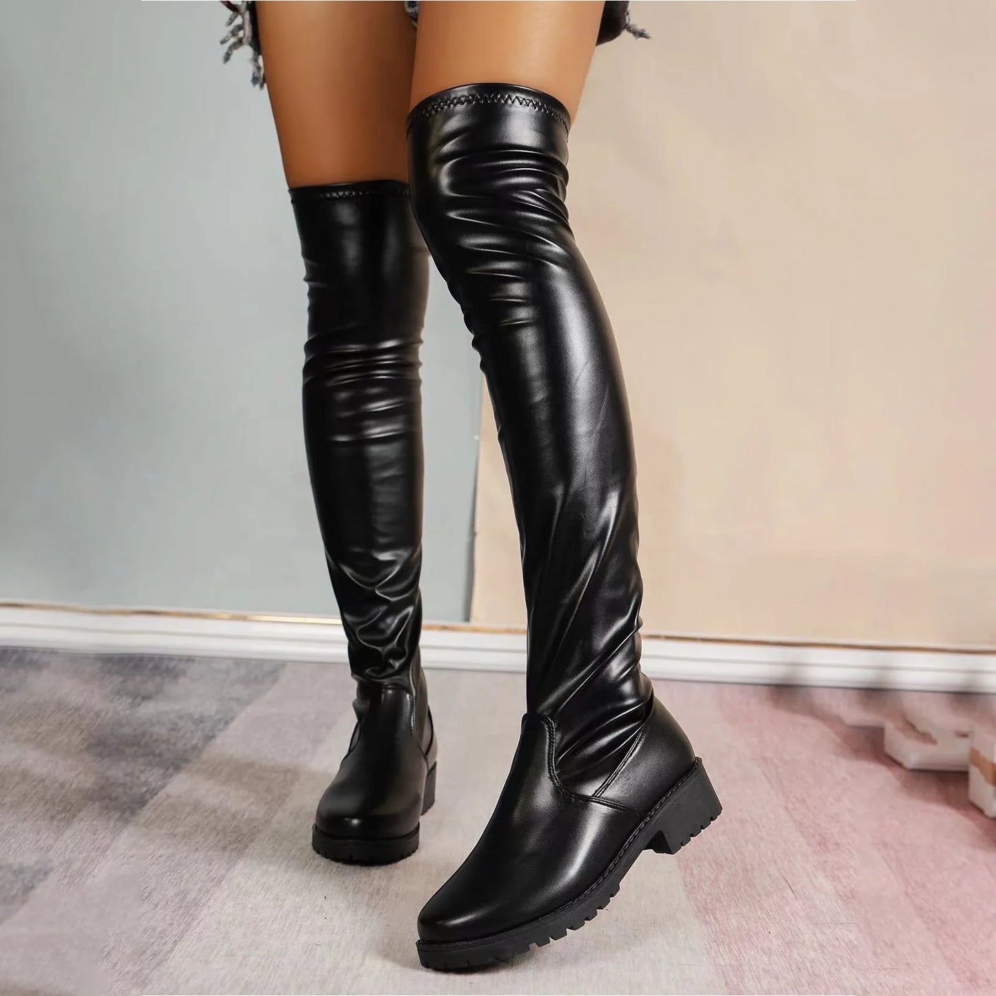 Leather Thigh High Flat Boots