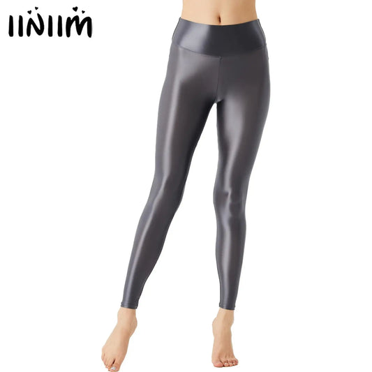 Womens Solid Color Glossy Pants