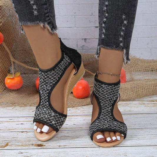 Sequins Mesh Peep Toe Platform Sandals