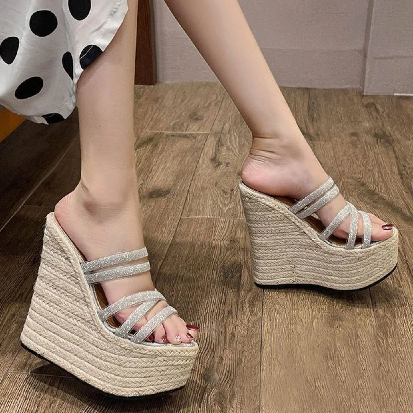 High Wedge Heel Multi Strap Sandals