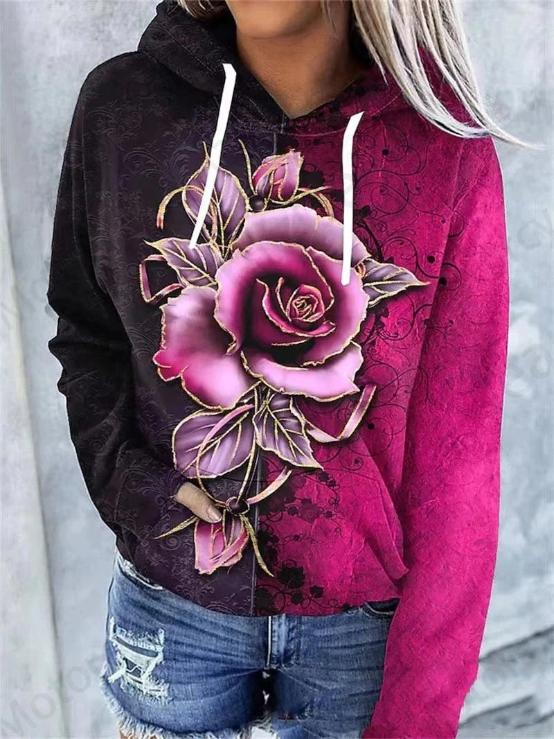 women's Rose Floral 3d Print Hoodie