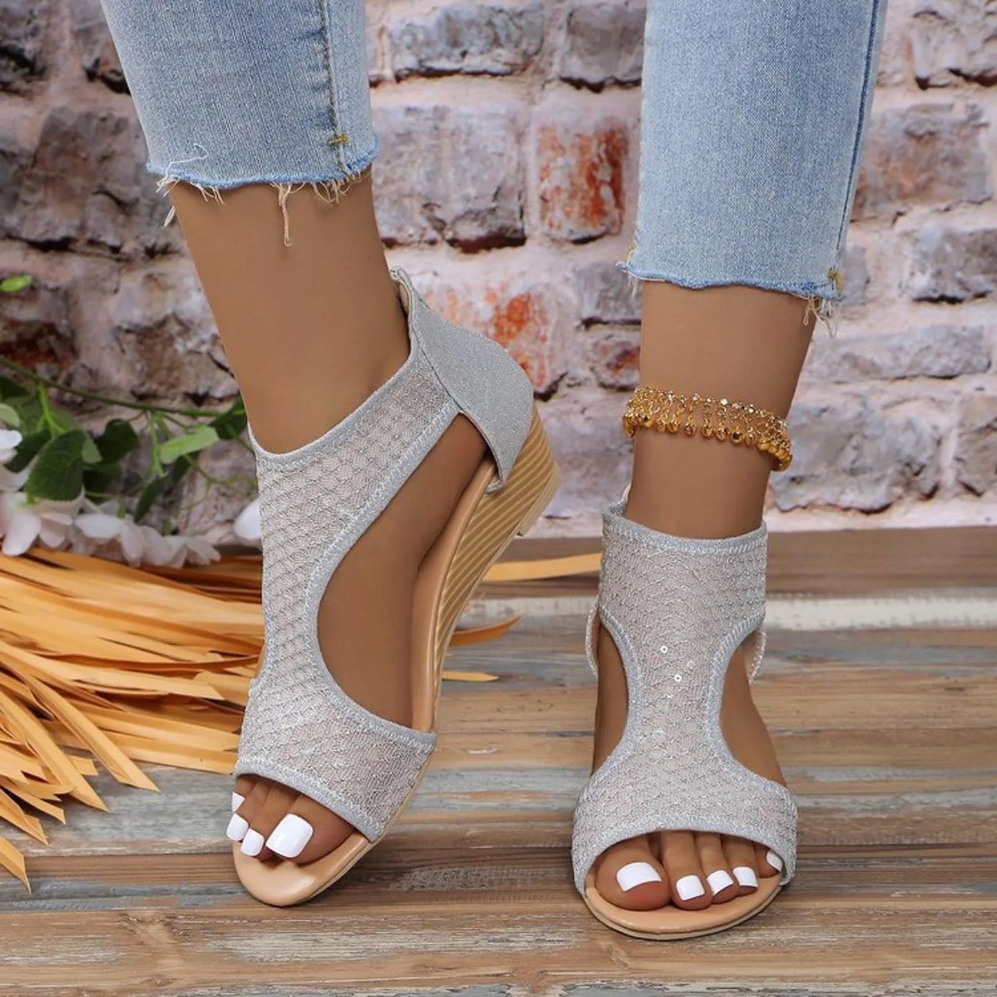 Sequins Mesh Peep Toe Platform Sandals