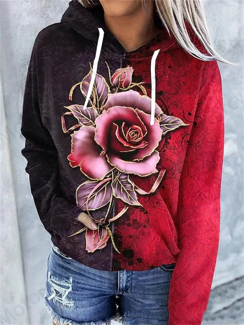 women's Rose Floral 3d Print Hoodie